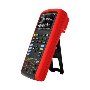 UNI-T UT725 Multifunction Process Calibrator – mA, V, Temperature (TC/RTD), Frequency, Resistance, Pulse Source &amp; Measure, 20000 Count - a digital screen with readings, control buttons, and input ports on a kickstand.