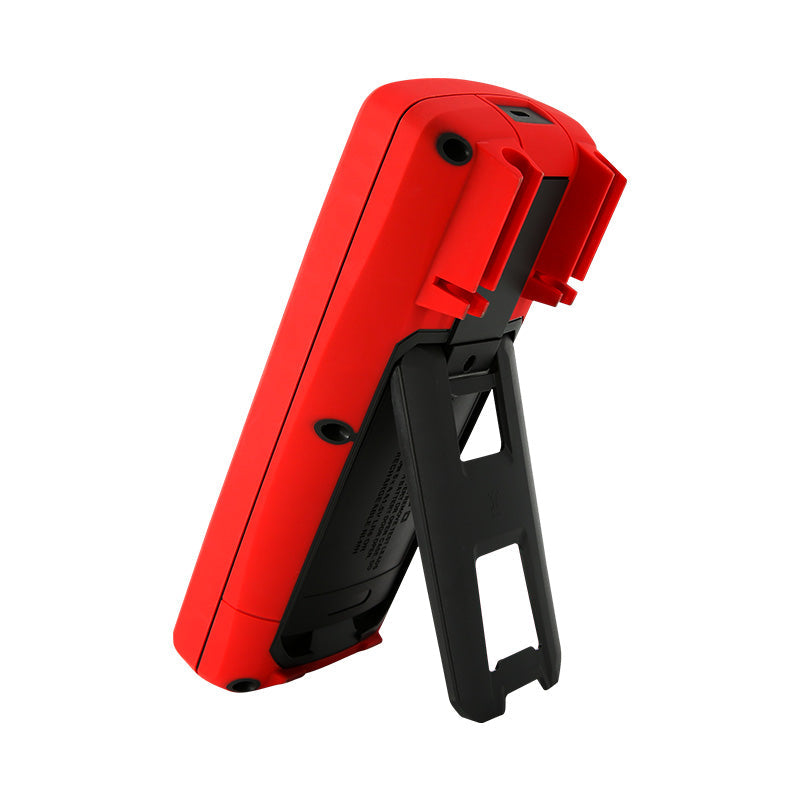 UNI-T UT725 Multifunction Process Calibrator – mA, V, Temperature (TC/RTD), Frequency, Resistance, Pulse Source &amp; Measure, 20000 Count - shown from the rear, featuring a red casing, a black fold-out kickstand, and a battery compartment cover.