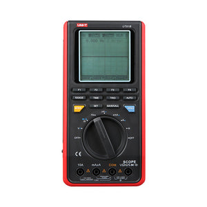 UNI-T UT81B Handheld Scopemeter – 8MHz Oscilloscope + 4000 Count Digital Multimeter, 40MS/S, AC/DC 1000V, Waveform Storage, USB, 2-in-1 Test Tool - red and black casing, showing the front display, function buttons, a central rotary dial, and bottom input ports.
