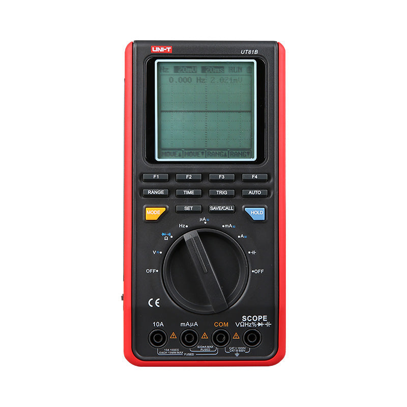UNI-T UT81B Handheld Scopemeter – 8MHz Oscilloscope + 4000 Count Digital Multimeter, 40MS/S, AC/DC 1000V, Waveform Storage, USB, 2-in-1 Test Tool - red and black casing, showing the front display, function buttons, a central rotary dial, and bottom input ports.