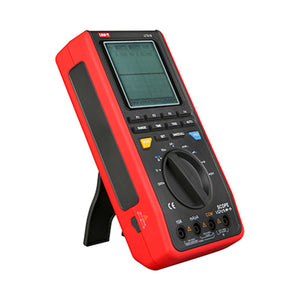 UNI-T UT81B Handheld Scopemeter – 8MHz Oscilloscope + 4000 Count Digital Multimeter, 40MS/S, AC/DC 1000V, Waveform Storage, USB, 2-in-1 Test Tool - a red digital multimeter with a screen showing waveform data, a central rotary dial, function buttons, and input ports.