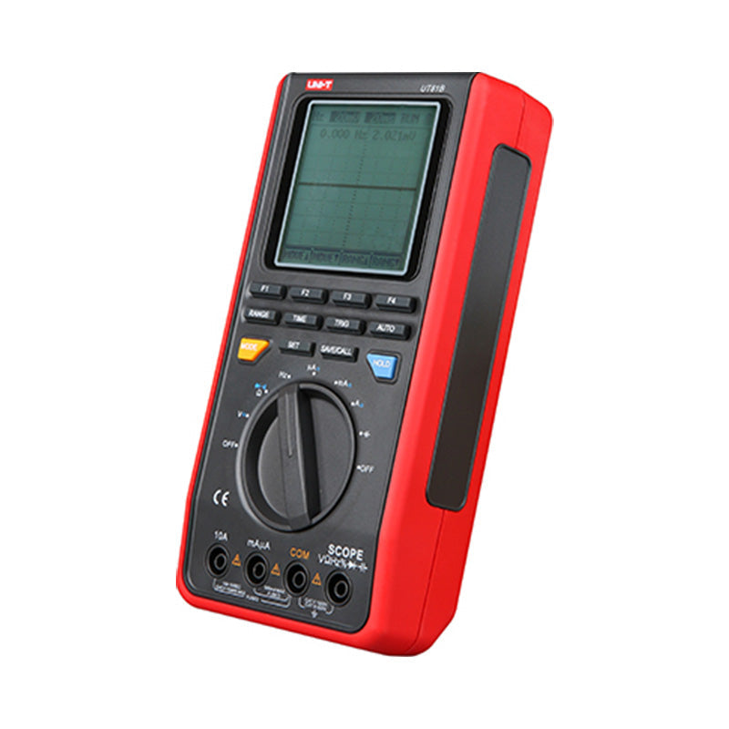 UNI-T UT81B Handheld Scopemeter – 8MHz Oscilloscope + 4000 Count Digital Multimeter, 40MS/S, AC/DC 1000V, Waveform Storage, USB, 2-in-1 Test Tool - the LCD screen, control buttons, rotary dial, and input ports on the front panel.
