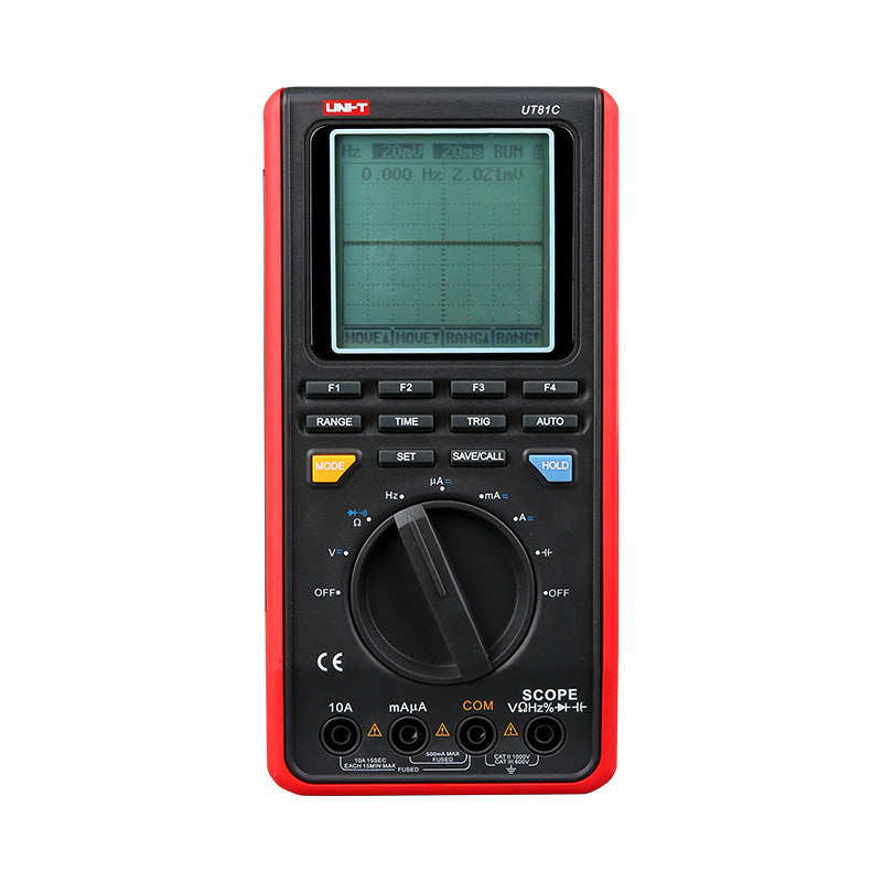 UNI-T UT81C Handheld Scopemeter – 16MHz Oscilloscope + 4000 Count Digital Multimeter, 80MS/S, AC/DC 1000V, Waveform Storage, USB, 2-in-1 Test Tool - the LCD screen, control buttons, rotary dial, and input ports on a white background.