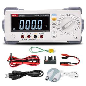 UNI-T UT8802E 4.5-Digit Bench Digital Multimeter – 22000 Count, True RMS, USB - a 000.0 display, rotary dial, buttons, and ports, with test leads, a power cable, and accessories included.