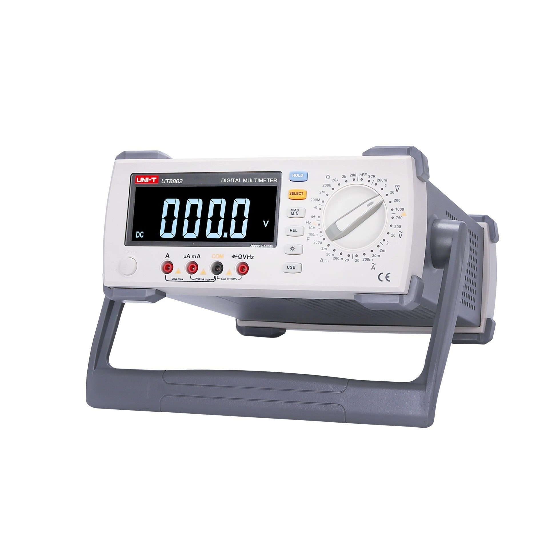 UNI-T UT8802E 4.5-Digit Bench Digital Multimeter – 22000 Count, True RMS, USB - a grey and white unit with a digital display reading 000.0, a rotary dial, and front input ports.