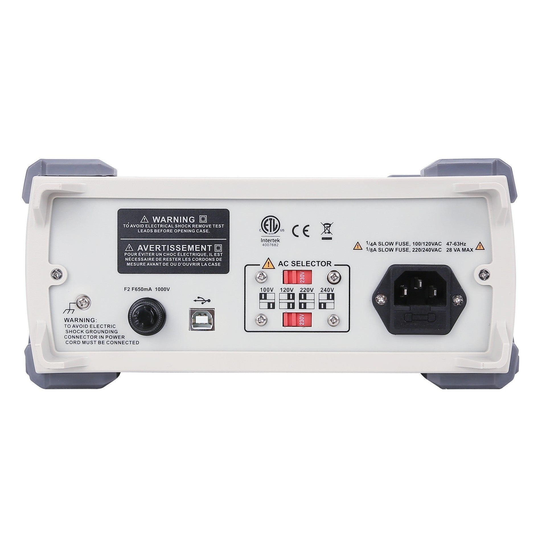 UNI-T UT8802E 4.5-Digit Bench Digital Multimeter – 22000 Count, True RMS, USB - the AC voltage selector, fuse holder, USB port, power input, and grounding terminal.