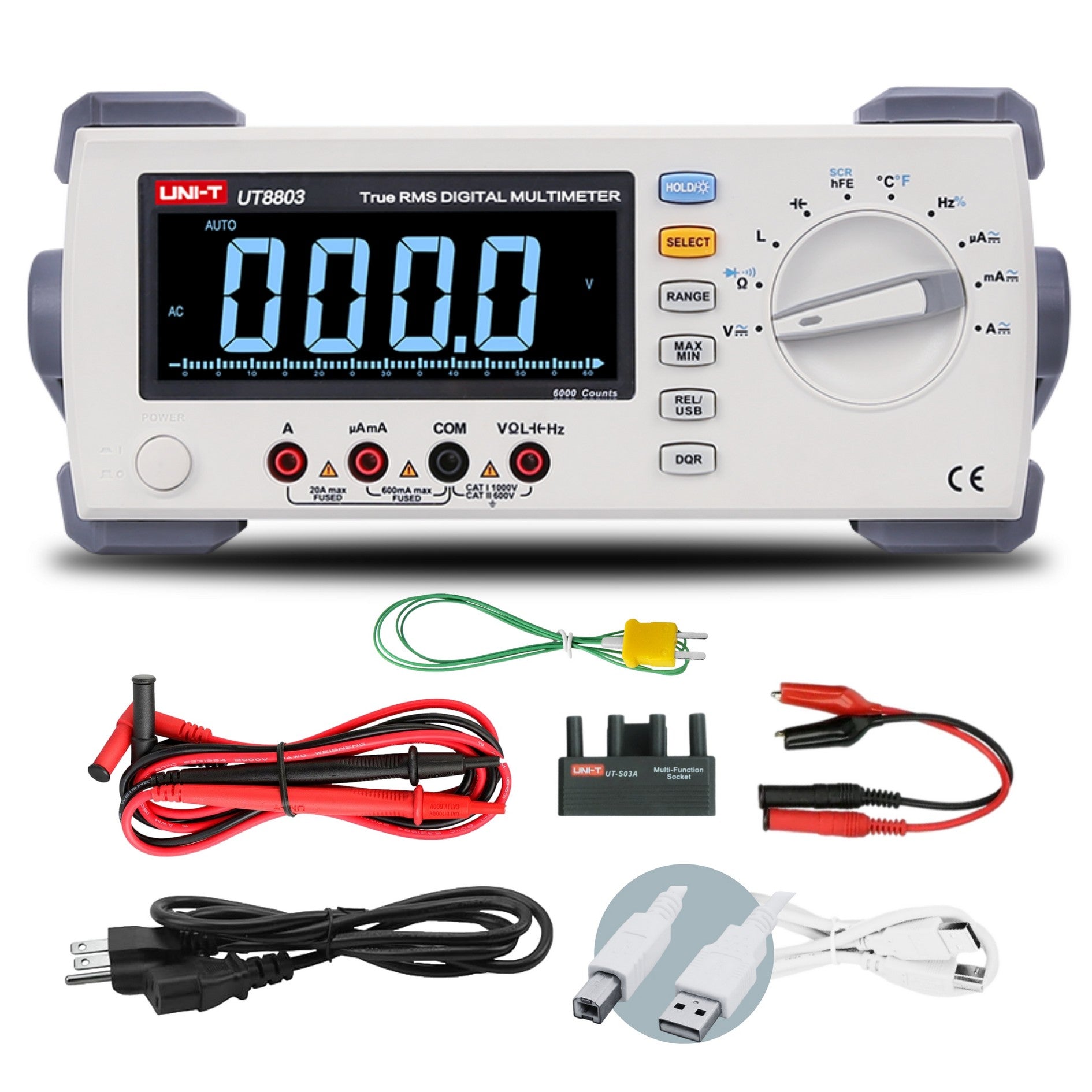 UNI-T UT8803E 4.5-Digit Bench Digital Multimeter – Dual Display, True RMS, USB - its grey housing, display reading 000.0, rotary dial, ports, and included test leads, cables, and accessories.