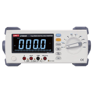 UNI-T UT8803E 4.5-Digit Bench Digital Multimeter – Dual Display, True RMS, USB - with a large display showing 000.0, a rotary function dial, buttons, and input ports on the front panel.