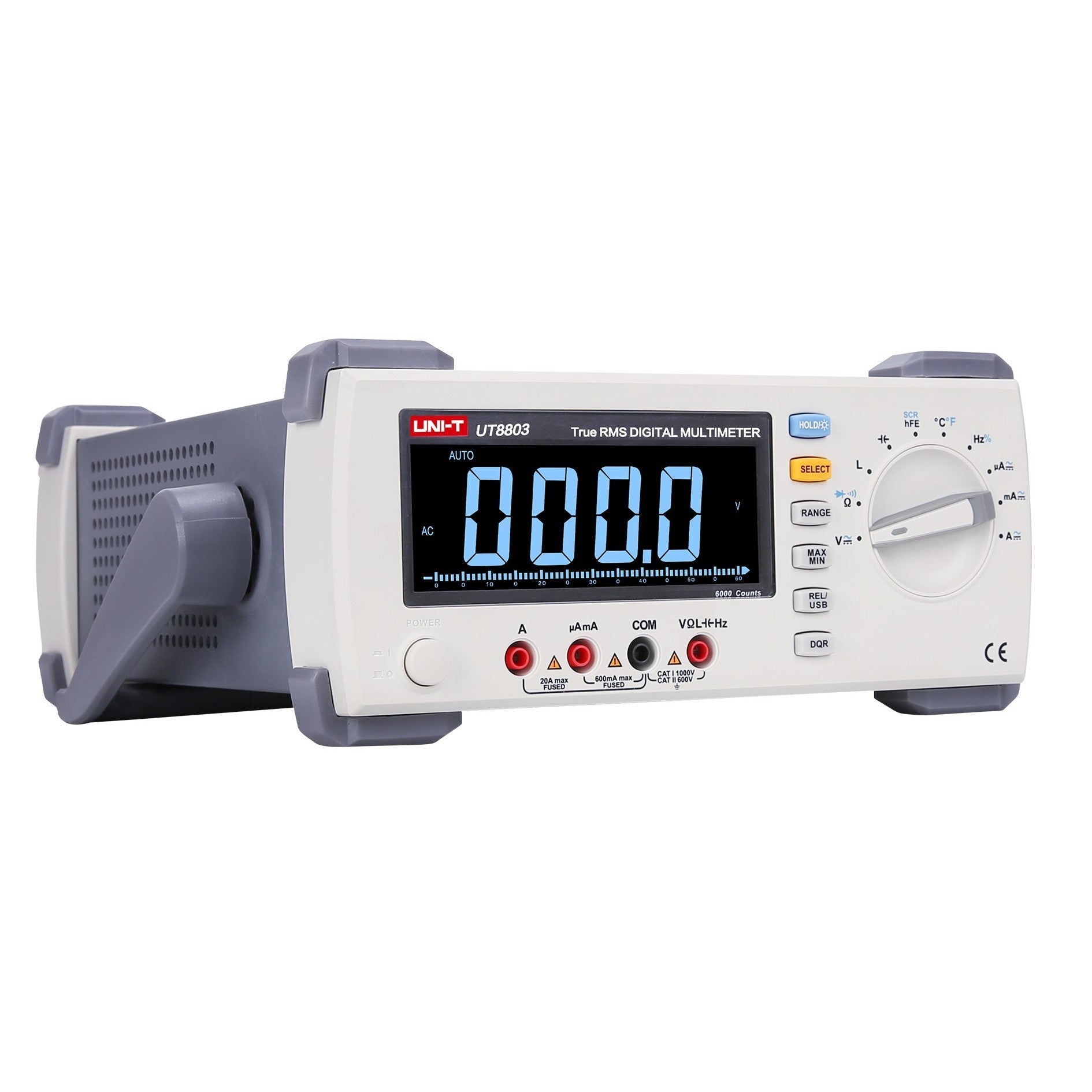 UNI-T UT8803E 4.5-Digit Bench Digital Multimeter – Dual Display, True RMS, USB - in a grey and white housing, showing a digital display reading 000.0, a rotary dial, and front-panel input ports.