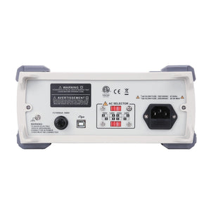 UNI-T UT8803E 4.5-Digit Bench Digital Multimeter – Dual Display, True RMS, USB - rear panel view showing the AC voltage selector, power input, USB port, fuse holder, and safety warning labels.