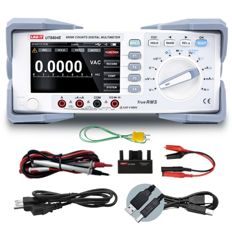 UNI-T UT8804E 5.5-Digit Bench Digital Multimeter – Dual Display, True RMS - with a digital display showing 0.0000 VAC, rotary dial, ports, and included test leads, cables, and accessories.