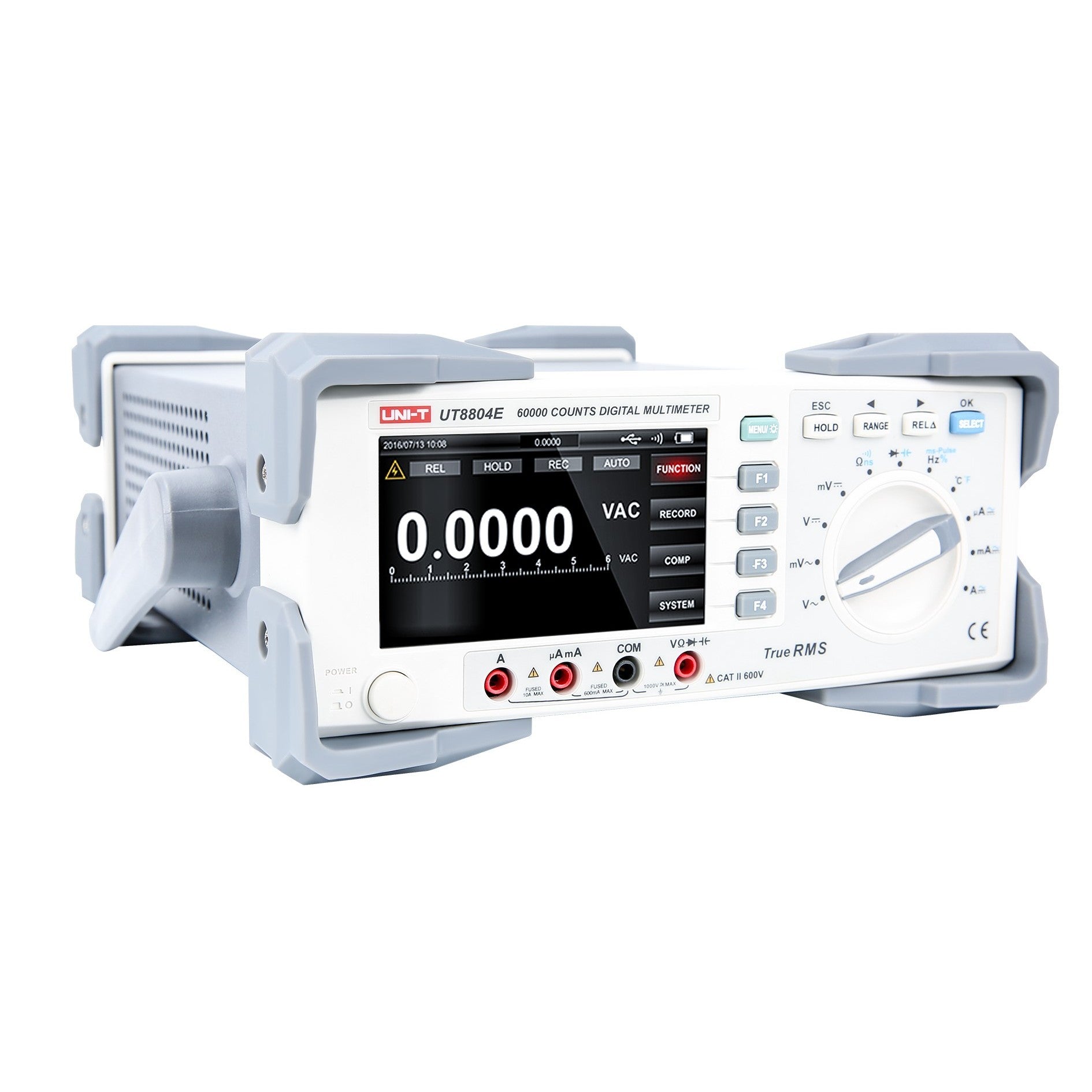 UNI-T UT8804E 5.5-Digit Bench Digital Multimeter – Dual Display, True RMS - in a white and grey casing with a front display showing 0.0000 VAC, function buttons, a rotary dial, and input ports.