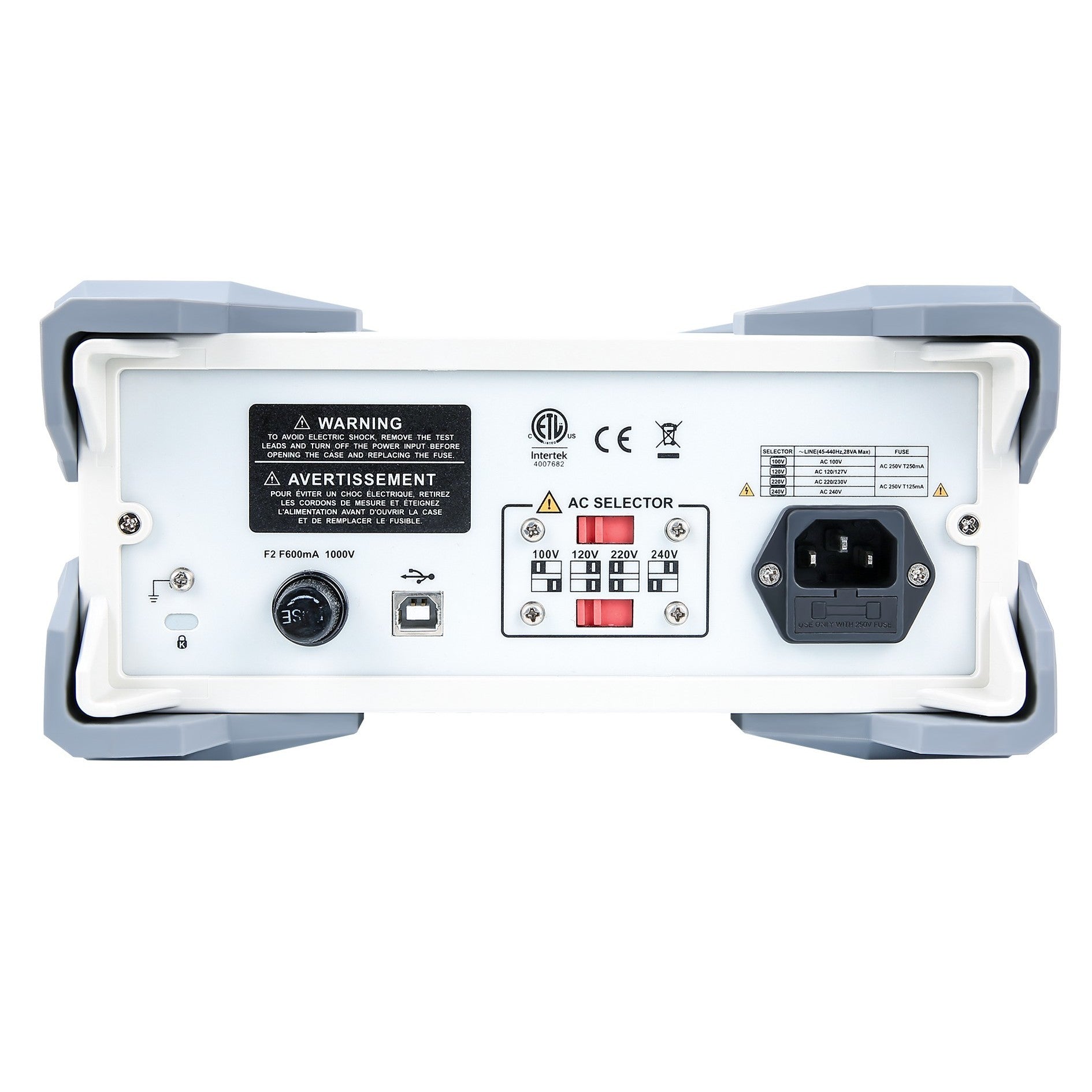 UNI-T UT8804E 5.5-Digit Bench Digital Multimeter – Dual Display, True RMS - the AC voltage selector, power input, fuse holder, USB port, and grounding terminal.