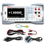 UNI-T UT8805E 5.5-Digit Bench Digital Multimeter – Precision, Dual Display - a white benchtop unit with a screen reading +1.99999 VDC, buttons, ports, a power cord, and test leads.