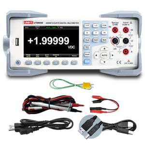 UNI-T UT8805E 5.5-Digit Bench Digital Multimeter – Precision, Dual Display - a white benchtop unit with a screen reading +1.99999 VDC, buttons, ports, a power cord, and test leads.