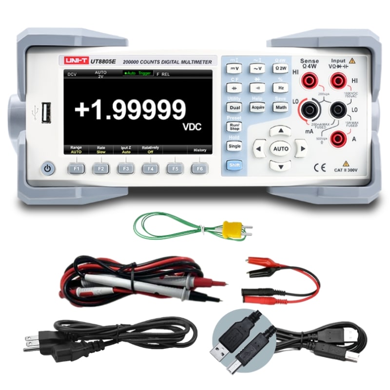 UNI-T UT8805E 5.5-Digit Bench Digital Multimeter – Precision, Dual Display - a white benchtop unit with a screen reading +1.99999 VDC, buttons, ports, a power cord, and test leads.