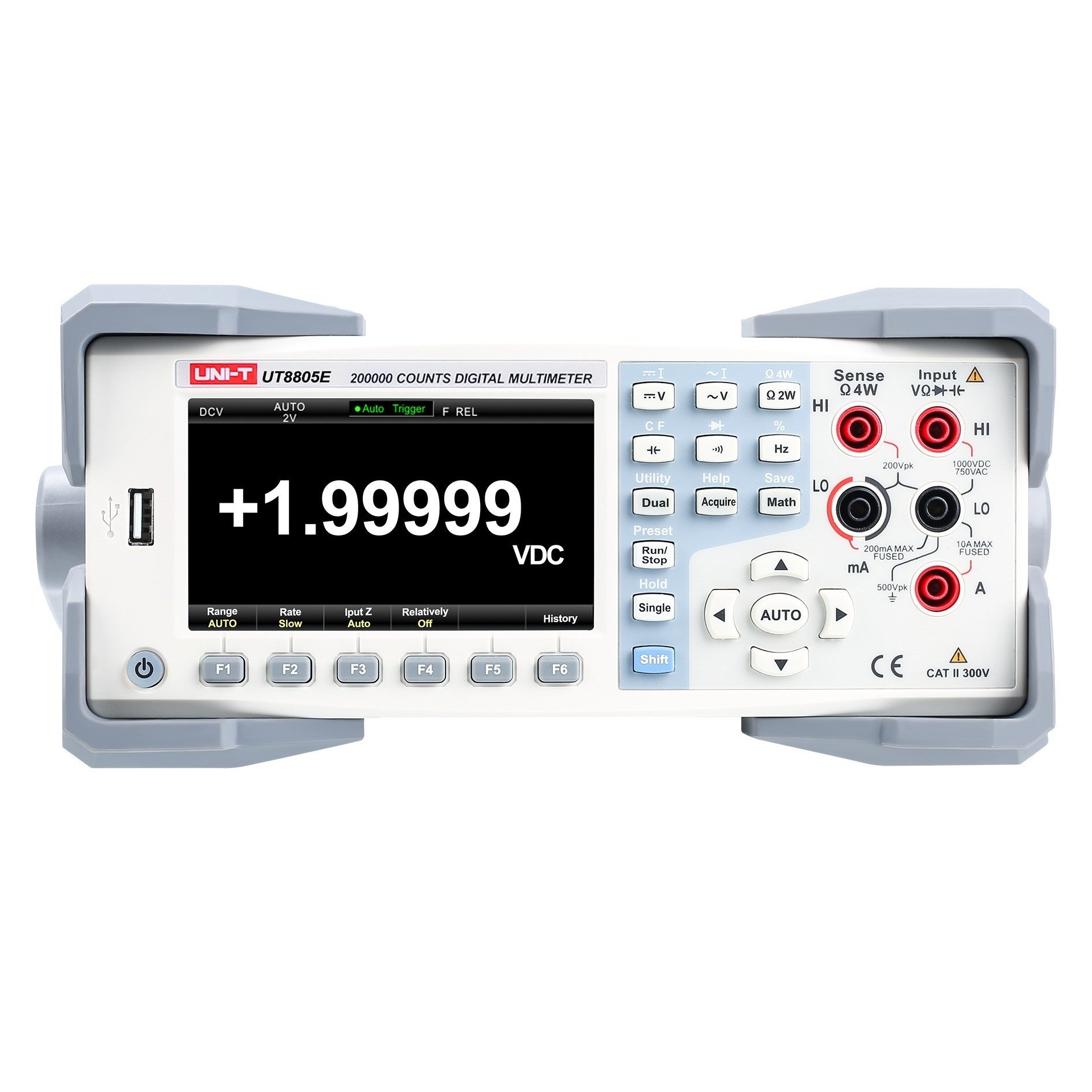 UNI-T UT8805E 5.5-Digit Bench Digital Multimeter – Precision, Dual Display - in a grey housing, showing a screen reading +1.99999 VDC, with front panel buttons, ports, and a USB connector.
