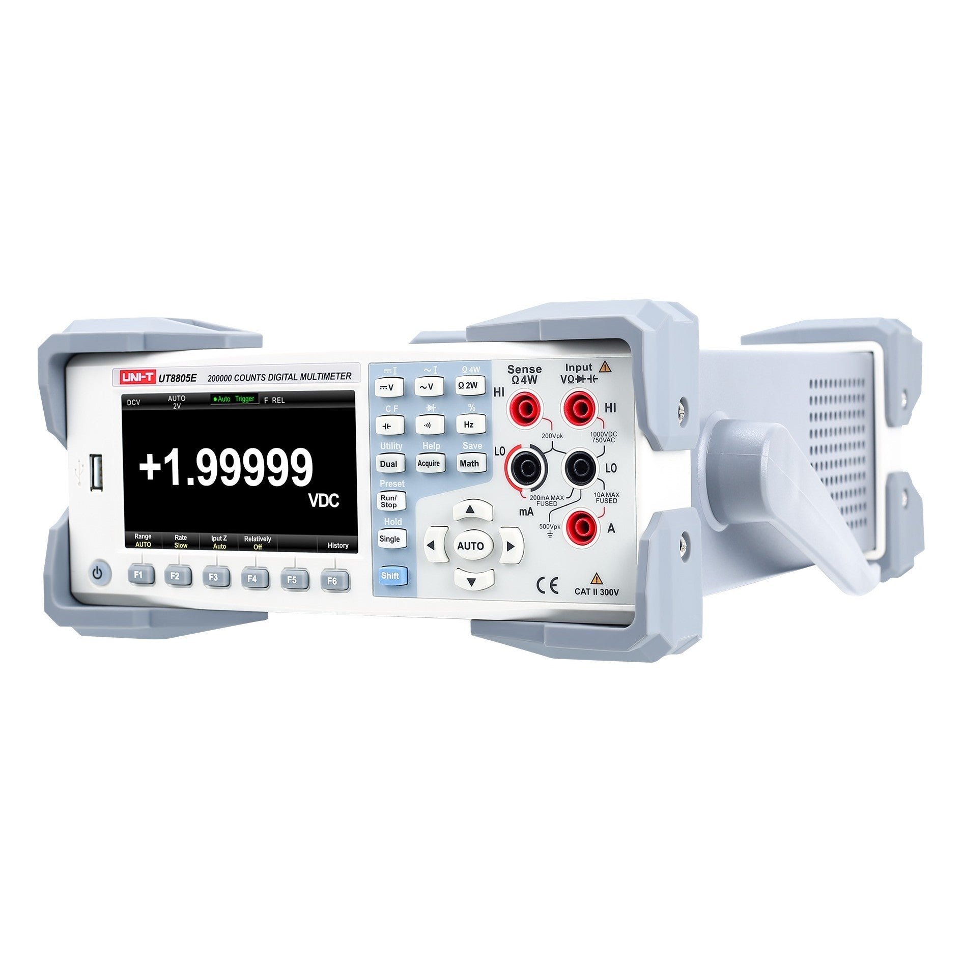 UNI-T UT8805E 5.5-Digit Bench Digital Multimeter – Precision, Dual Display - in a white and grey benchtop case with a screen showing +1.99999 VDC, front-panel buttons, and input terminals.