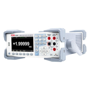 UNI-T UT8805E 5.5-Digit Bench Digital Multimeter – Precision, Dual Display - in a white and grey benchtop case with a screen showing +1.99999 VDC, front-panel buttons, and input terminals.