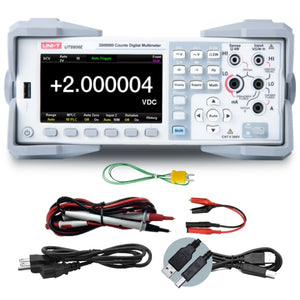 UNI-T UT8806E 6.5-Digit Performance-Series Bench Digital Multimeter – Dual Display - a +2.000004 VDC reading on its screen, with its front panel controls, ports, and included accessory cables.