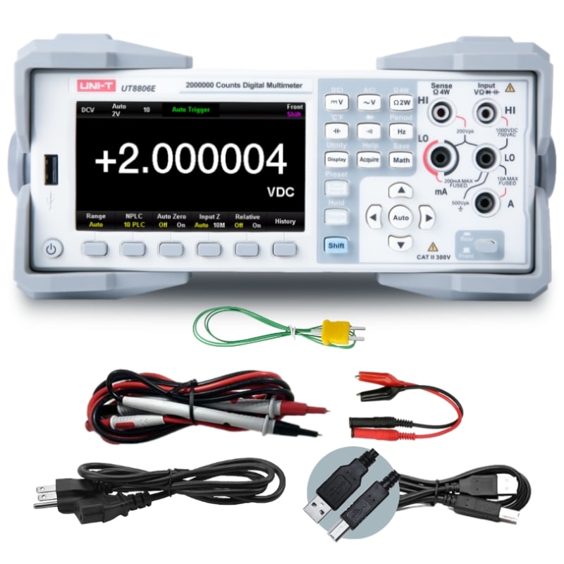 UNI-T UT8806E 6.5-Digit Performance-Series Bench Digital Multimeter – Dual Display - a +2.000004 VDC reading on its screen, with its front panel controls, ports, and included accessory cables.