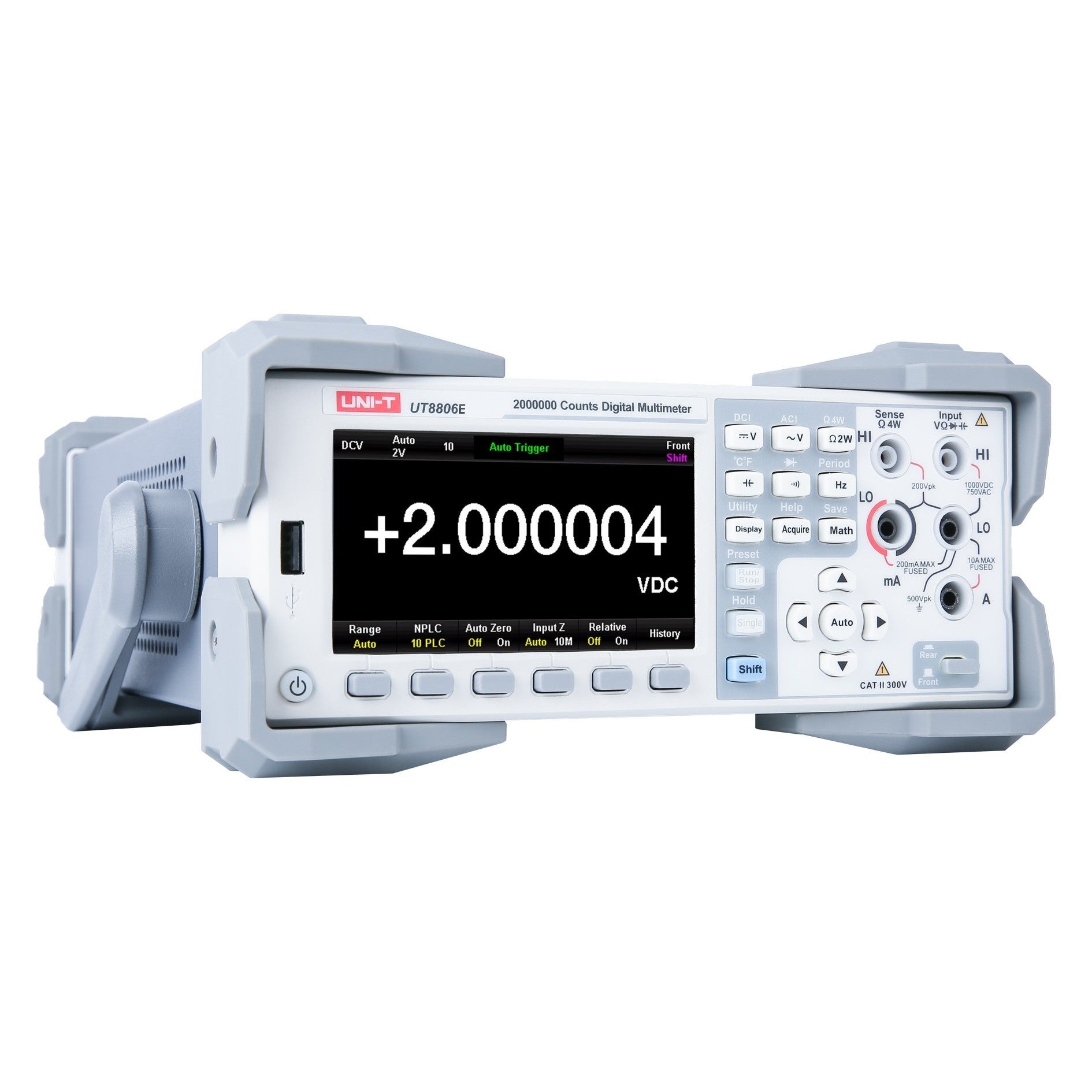 UNI-T UT8806E 6.5-Digit Performance-Series Bench Digital Multimeter – Dual Display - a digital display reading +2.000004 VDC, front panel buttons, and input ports.