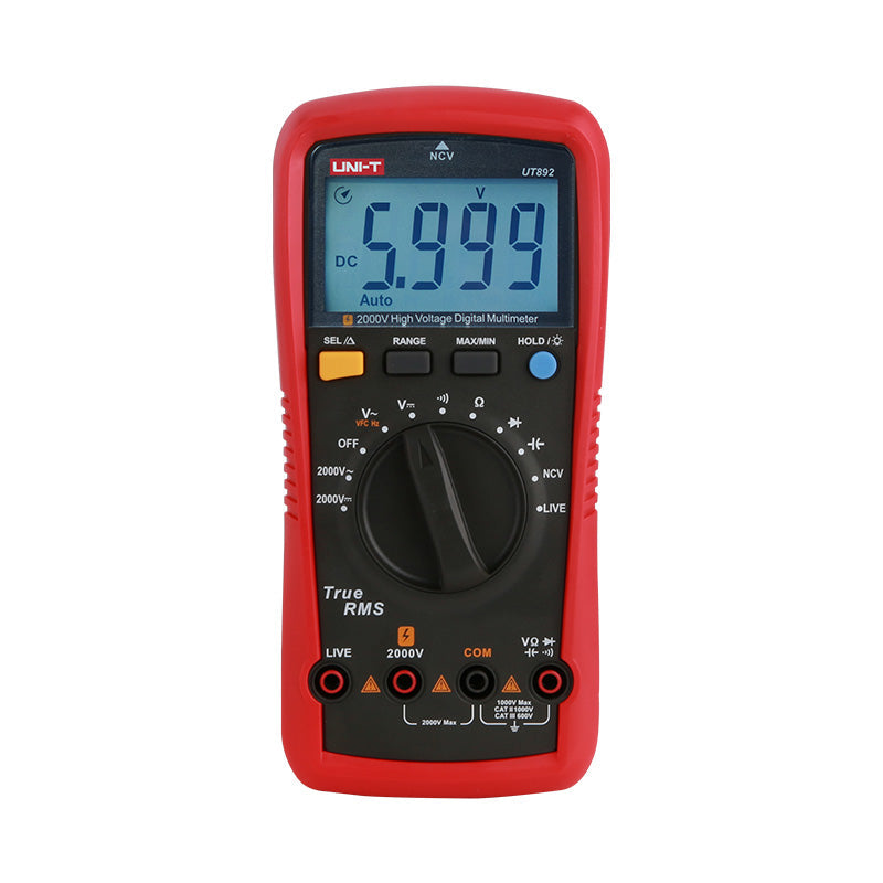 UNI-T UT892 High Voltage True RMS Digital Multimeter – 6000 Count, AC/DC 2000V, VFC, Frequency, Capacitance, NCV, Full-Range Overload Protection, CAT III 600V - in a red rubber holster with a central rotary dial, four function buttons, and a screen displaying 5.999 V DC.