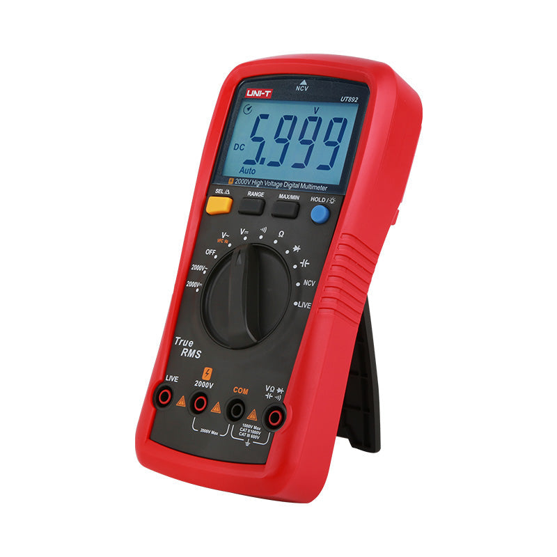 UNI-T UT892 High Voltage True RMS Digital Multimeter – 6000 Count, AC/DC 2000V, VFC, Frequency, Capacitance, NCV, Full-Range Overload Protection, CAT III 600V - in a red rubberized case with a digital display showing 5.999, a central rotary dial, and four input ports at the bottom.
