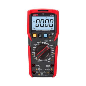UNI-T UT89X True RMS Digital Multimeter – 6000 Count, AC/DC 1000V, 20A, Capacitance, Temperature, NCV, Live/Neutral Detection, Flashlight, CAT III 1000V - a red and black handheld device with a central rotary dial, various input ports, and a screen displaying 00.00.