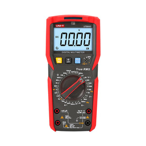 UNI-T UT89XD True RMS Digital Multimeter – 6000 Count, AC/DC 1000V, 20A, Capacitance, Temperature, LED Test, NCV, Flashlight, CAT III 1000V - a red and black handheld device with a central rotary dial, input ports, and a screen displaying 00.00 DC voltage.