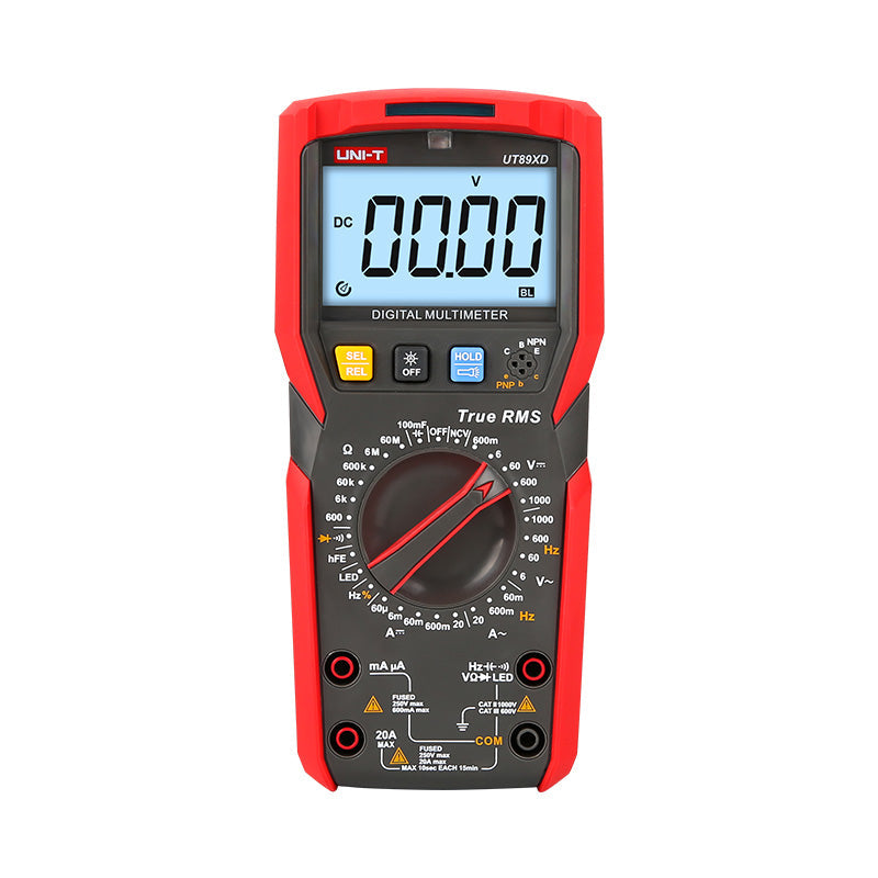 UNI-T UT89XD True RMS Digital Multimeter – 6000 Count, AC/DC 1000V, 20A, Capacitance, Temperature, LED Test, NCV, Flashlight, CAT III 1000V - a red and black handheld device with a central rotary dial, input ports, and a screen displaying 00.00 DC voltage.