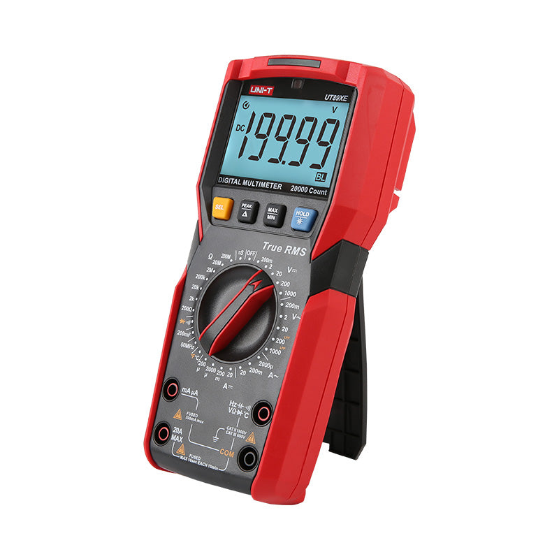 UNI-T UT89XD True RMS Digital Multimeter – 6000 Count, AC/DC 1000V, 20A, Capacitance, Temperature, LED Test, NCV, Flashlight, CAT III 1000V - UNI-T UT89XE digital multimeter in red and black, featuring a large screen showing 199.99, a central rotary dial, function buttons, and input ports.