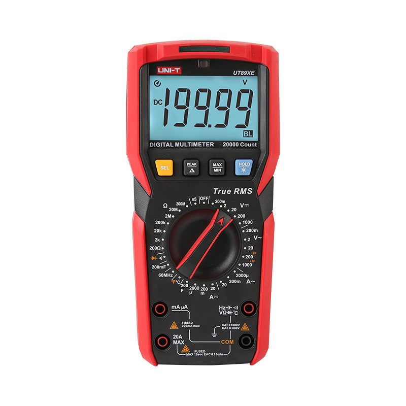 UNI-T UT89XE True RMS Digital Multimeter – 6000 Count, AC/DC 1000V, 20A, 60MHz Frequency, Capacitance, Temperature, NCV, Flashlight, CAT III 1000V - in red and black, showing a rotary dial, function buttons, input ports, and a screen displaying 199.99 DC.