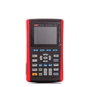UNI-T UTD1025CL 25 MHz 1-Channel Handheld Oscilloscope – 12 Kpts, 200M Sa/s - in red and black, featuring a blank display screen, function keys, navigation buttons, and a power button.