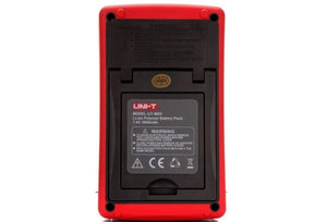UNI-T UTD1025CL 25 MHz 1-Channel Handheld Oscilloscope – 12 Kpts, 200M Sa/s - rear view showing the red casing, battery compartment cover, and a label detailing the UT-M08 battery pack specs.