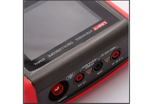 UNI-T UTD1025CL 25 MHz 1-Channel Handheld Oscilloscope – 12 Kpts, 200M Sa/s - close-up of the black and red handheld device showing the screen, input ports, and labeled measurement terminals.