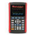 UNI-T UTD1050DL 50 MHz 2-Channel Handheld Oscilloscope – 12 Kpts, 250MSA/S - in a red and black case, featuring a digital display showing two square wave signals, control buttons, and a D-pad.