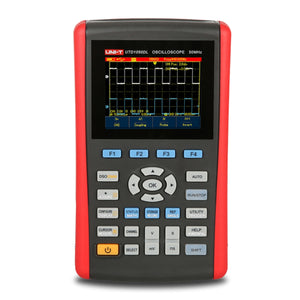 UNI-T UTD1050DL 50 MHz 2-Channel Handheld Oscilloscope – 12 Kpts, 250MSA/S - in a red and black case, featuring a digital display showing two square wave signals, control buttons, and a D-pad.