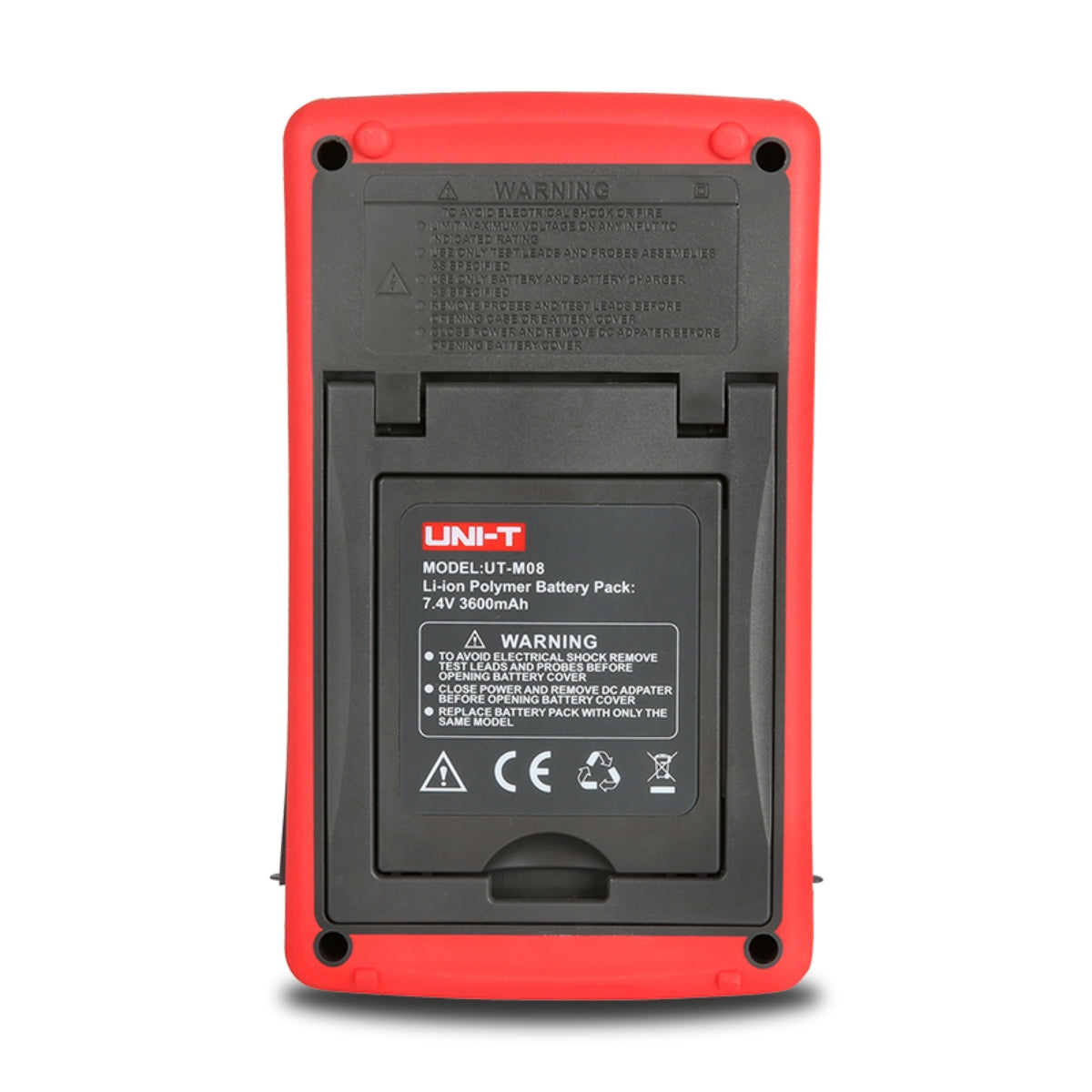UNI-T UTD1050DL 50 MHz 2-Channel Handheld Oscilloscope – 12 Kpts, 250MSA/S - rear view showing the red and black plastic casing, a battery compartment, and a warning label for the battery.