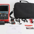 UNI-T UTD1102C 100 MHz 2-Channel Handheld Oscilloscope – 7.5 Kpts, 500MSA/S - with a red and black casing, display, control buttons, carrying bag, power adapter, probes, and accessories.