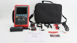 UNI-T UTD1102C 100 MHz 2-Channel Handheld Oscilloscope – 7.5 Kpts, 500MSA/S - with a red and black casing, display, control buttons, carrying bag, power adapter, probes, and accessories.