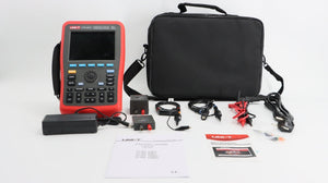 UNI-T UTD1102C 100 MHz 2-Channel Handheld Oscilloscope – 7.5 Kpts, 500MSA/S - with a red and black casing, display, control buttons, carrying bag, power adapter, probes, and accessories.