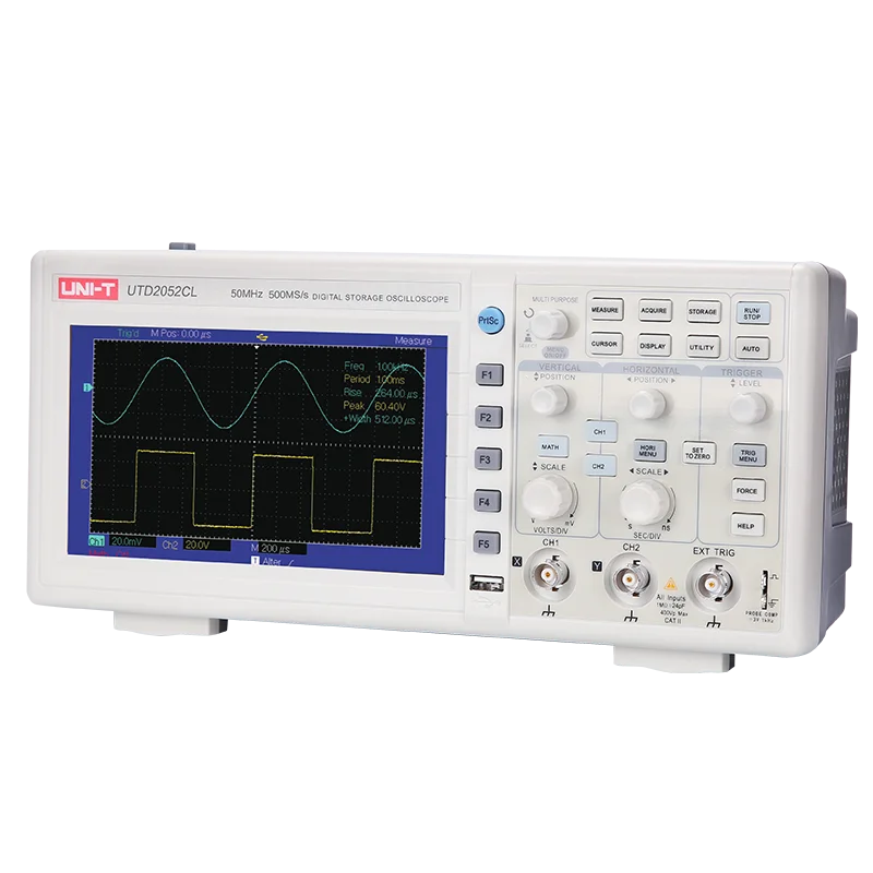 UNI-T UTD2052CL+ 50MHz Dual-Channel Digital Oscilloscope Pakistan - a white benchtop device with a screen showing two waveforms, control knobs, buttons, and input ports.