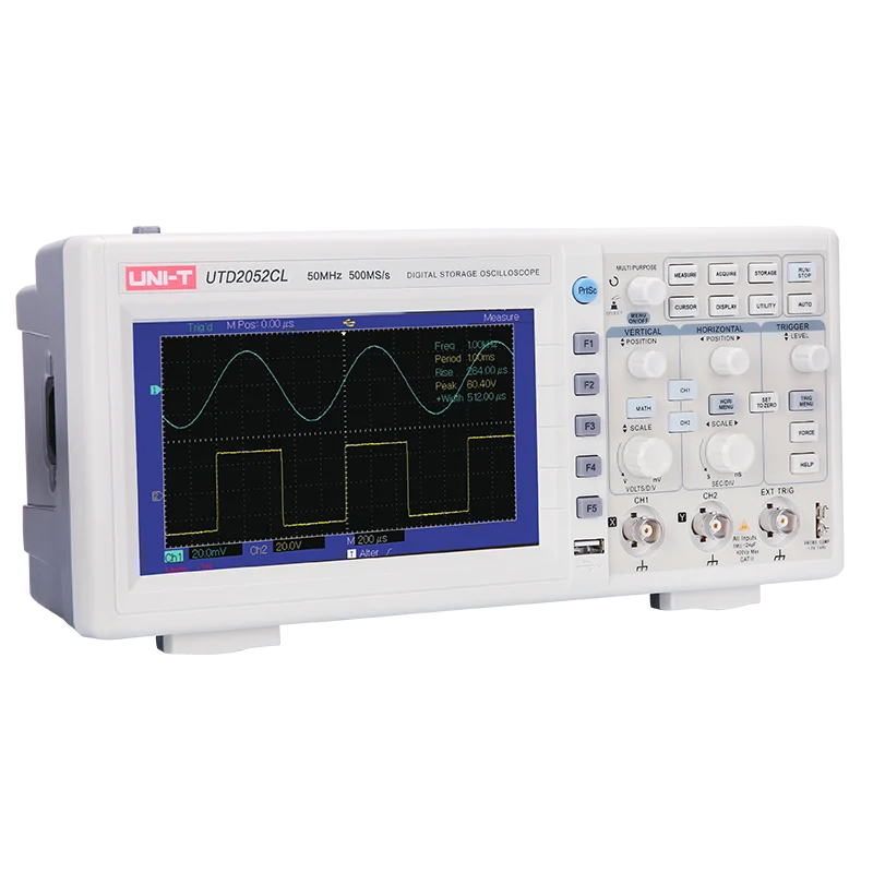 UNI-T UTD2052CL+ 50MHz Dual-Channel Digital Oscilloscope Pakistan - a white benchtop device showing a sine wave and square wave on its screen with front panel knobs.