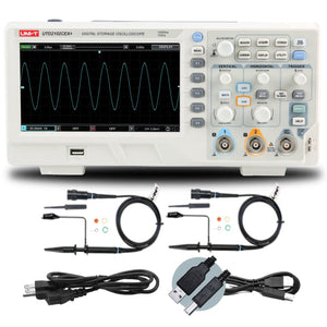 UNI-T UTD2102CEX+ 100 MHz 2-Channel Digital Storage Oscilloscope – 1.0 GSa/s, 64 kpts - shown with two probes, a power cable, and a USB cable.