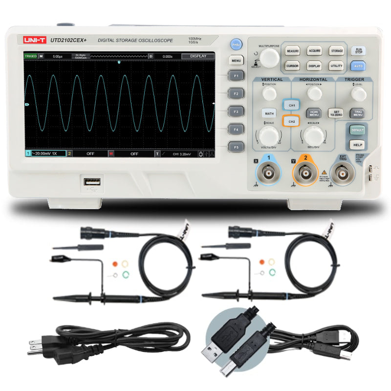 UNI-T UTD2102CEX+ 100 MHz 2-Channel Digital Storage Oscilloscope – 1.0 GSa/s, 64 kpts - shown with two probes, a power cable, and a USB cable.