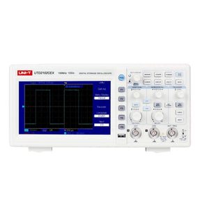 UNI-T UTD2102CEX+ 100 MHz 2-Channel Digital Storage Oscilloscope – 1.0 GSa/s, 64 kpts - a white benchtop device with a screen showing a square wave, control knobs, buttons, and input ports.