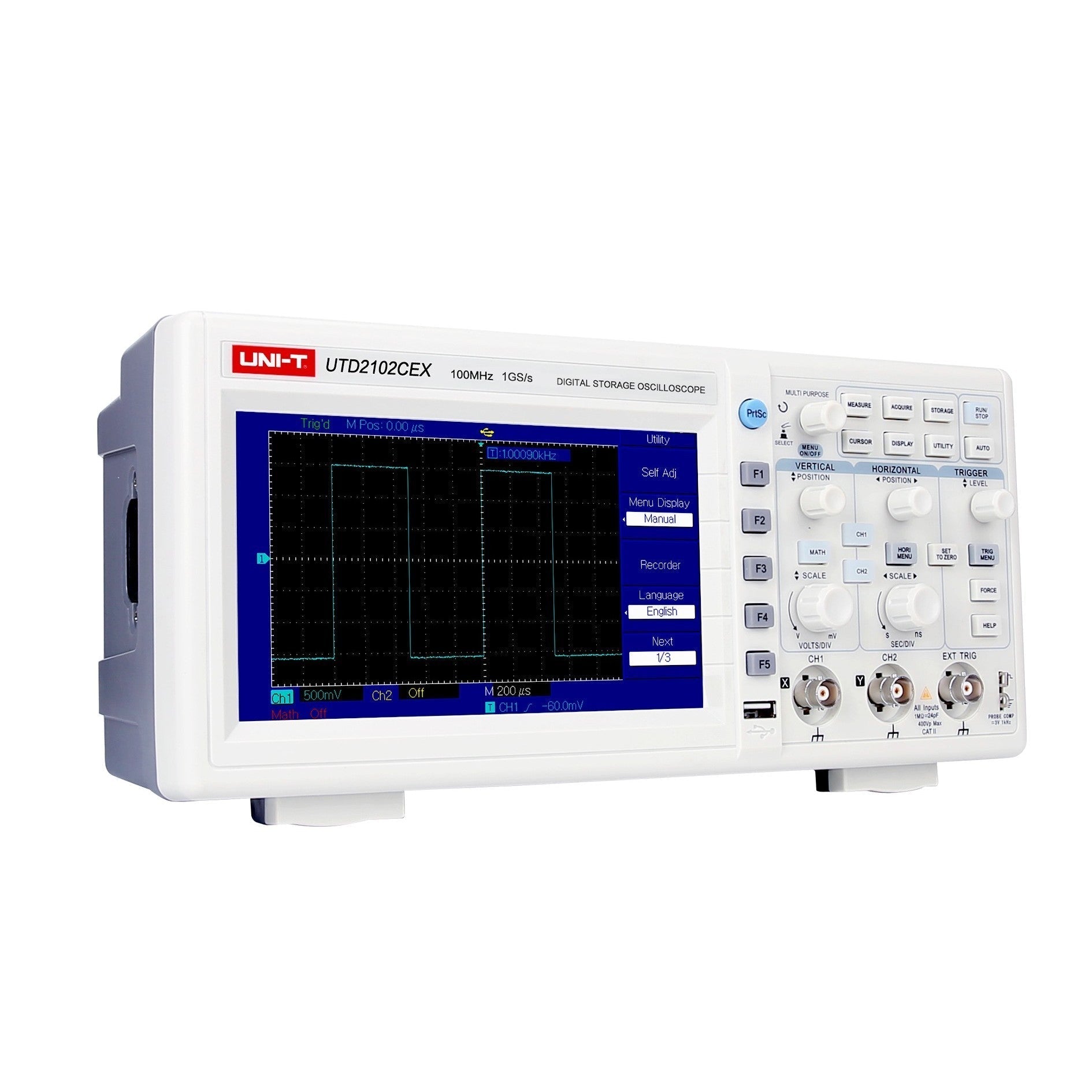 UNI-T UTD2102CEX+ 100 MHz 2-Channel Digital Storage Oscilloscope – 1.0 GSa/s, 64 kpts - a square wave on its screen, with front-panel knobs, buttons, and input ports visible.