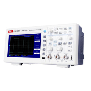 UNI-T UTD2102CEX+ 100 MHz 2-Channel Digital Storage Oscilloscope – 1.0 GSa/s, 64 kpts - a square wave on the screen, control knobs, buttons, and input ports.