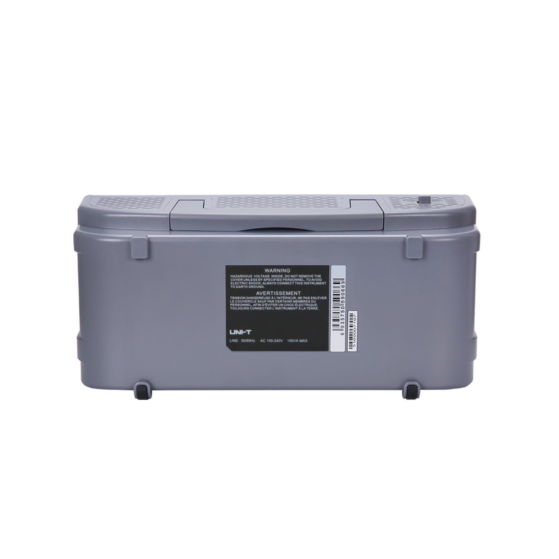UNI-T UTD2102CEX+ 100 MHz 2-Channel Digital Storage Oscilloscope – 1.0 GSa/s, 64 kpts - a grey rectangular digital storage oscilloscope housing with a warning label, barcode, and power input specifications.